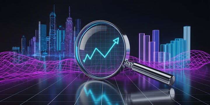 Magnifying glass over upward growth graph with futuristic city background, analytics, data, and financial business success concept illustration