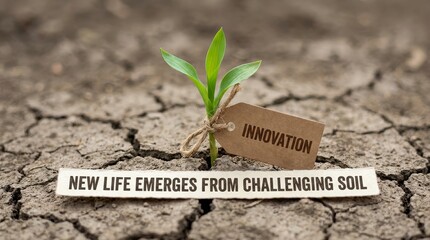 Small seedling with innovation tag emerges from dry cracked earth