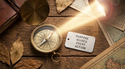 Antique compass and metal tag with guiding message on wooden surface