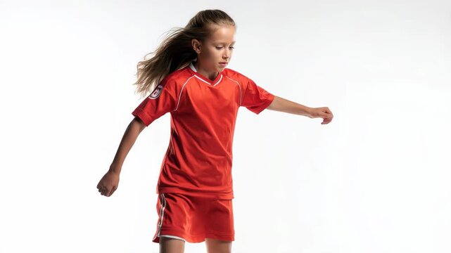 Young athlete showcases impressive soccer skills during dynamic action shot in bright studio setting - Powered by Adobe