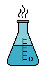 A laboratory flask filled with blue liquid and steam rising from the top indicates a chemical reaction or heating process is underway within the scientific equipment.