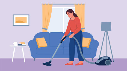 A person is vacuuming the floor in a living room with a blue sofa and a lamp.