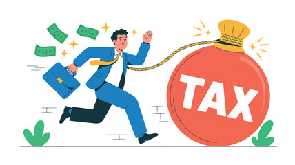 A determined businessman runs away from a giant, heavy ball labeled 'TAX' as money flies around him, symbolizing financial pressure and evasion.