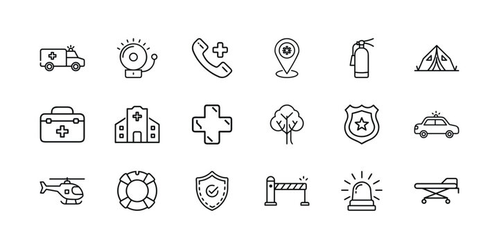 Essential emergency and safety services vector thin line icons. comprehensive collection for medical, rescue, police, fire, and public security needs. Vector, illustration