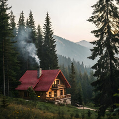 A cozy mountain chalet nestled among tall pine trees, offering a peaceful