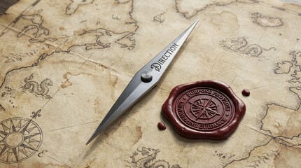 Antique compass pointing the direction on an old map with wax seal