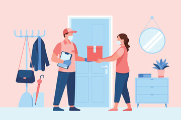 A delivery person wearing a mask and gloves hands a package to a woman wearing a mask at her doorstep, emphasizing safe contactless delivery practices.