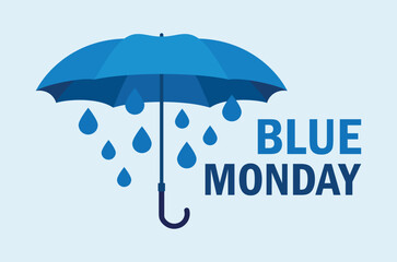 Blue Monday poster with blue umbrella vector illustration. Blue umbrella with rain inside icon. Template for background, banner, card. The most depressing day of the year. Important day © betka82