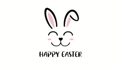 Fototapeta premium Cute cartoon bunny face with pink inner ears and blush cheeks smiling with closed eyes and the text happy easter below perfect for spring holiday greetings and decorations
