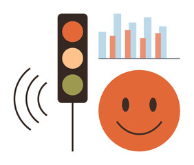 Traffic light with sound waves, happy face for satisfaction, bar chart showing trends. Ideal for communication, feedback, data, decision-making, performance, progress tracking simple flat metaphor