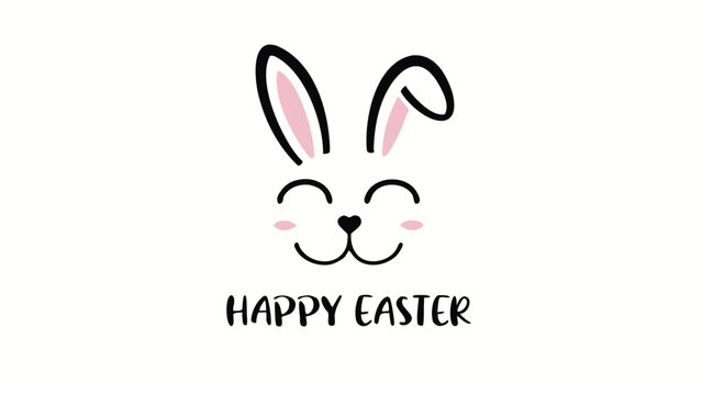 Cute cartoon bunny face with pink inner ears and blush cheeks smiling with closed eyes and the text happy easter below perfect for spring holiday greetings and decorations