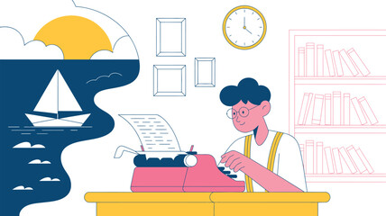 A person with glasses sits at a desk and types on a vintage typewriter while imagining a sailboat on the ocean under a bright sun.