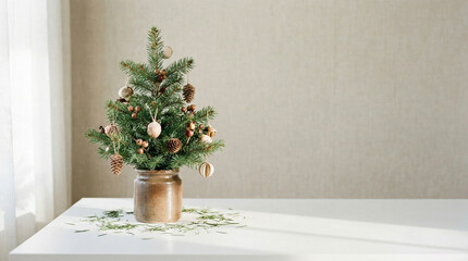 Fototapeta premium Minimalist Christmas tree arrangement on a white table, holiday decor