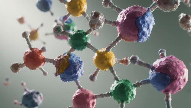 Abstract molecular structure with colorful spheres and connecting rods.