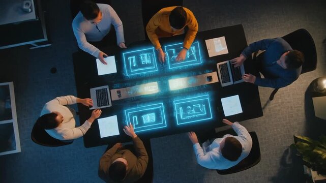 Overhead view of a creative team collaborating on a project using futuristic tablets and glowing augmented reality interfaces
