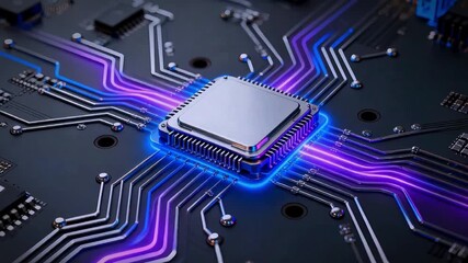 High-tech microprocessor with glowing futuristic circuitry showcasing advanced digital innovation and modern electronic technology on a detailed motherboard surface.
 - Powered by Adobe