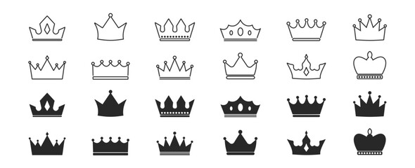 Crown Icon Set – royalty symbols, king, queen, prince, princess, monarch, coronet, heraldic insignia, luxury outline silhouettes – vector on transparent background