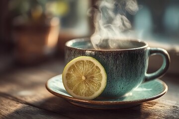 Teal cup of steaming tea with lemon on wood image photo