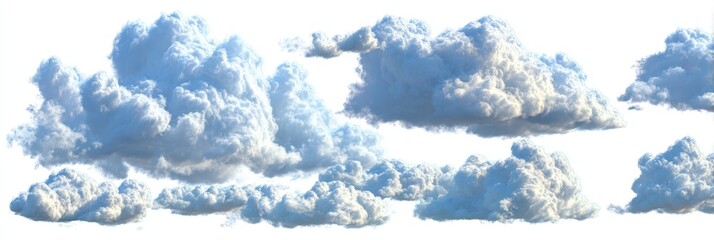 3D Collection of Fluffy Cumulus Clouds Isolated on White Background