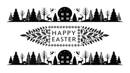 Obraz premium Whimsical black silhouette of a forest landscape with a full moon house and deer framing a decorative floral border with the text happy easter