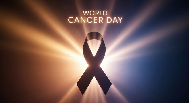 World cancer day awareness ribbon with glowing light rays emanating from behind, symbolizing hope and support