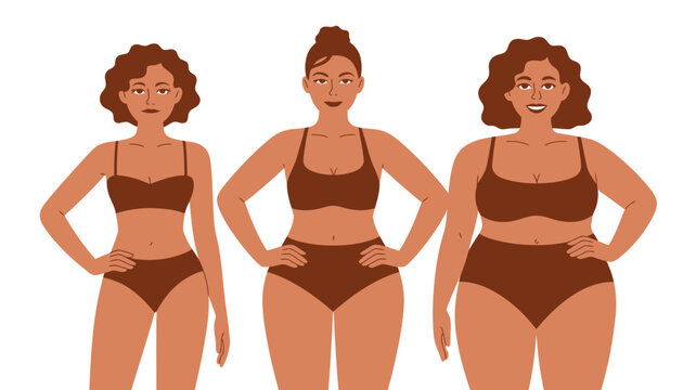 Three diverse women standing confidently in swimwear, celebrating different body types and shapes.