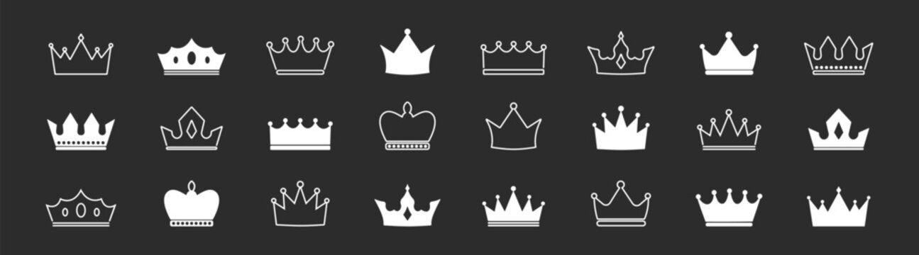Crown vector icon set with king, queen, prince, princess, and royal symbols, featuring vintage design, heraldry elements, tiara, coronet, diadem, and luxury emperor illustration