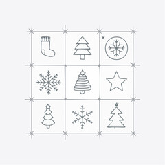 Christmas icons set. Vector illustration of holiday symbols. Snowflake, tree, star, and sock designs. Line art style. White background. Winter festive elements. Seamless pattern.