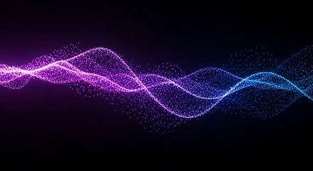 Futuristic digital flow background with neon violet and blue particles forming dynamic energy waves.