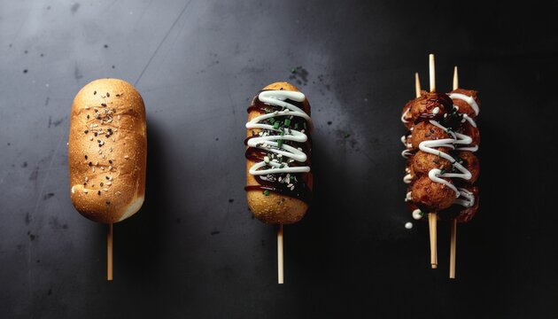 A delicious assortment of modern gourmet corn dogs on sticks with various savory sauces and toppings viewed from above
