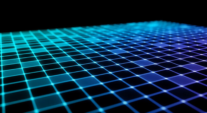Futuristic glowing digital grid background showcasing interconnected network and data transfer concepts.