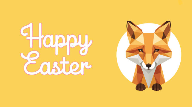 Geometric fox illustration wishing happy easter with whimsical script font on yellow background