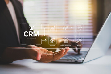 CRM workflow, Customer relationship management, business professional using tablet manage digital strategy, diagram showing goals, data collection, analysis, strategy, execution, and improvement