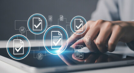 Hand interacts with digital document management system on a tablet showcasing workflow automation and efficient data processing for business compliance and regulatory approval processes