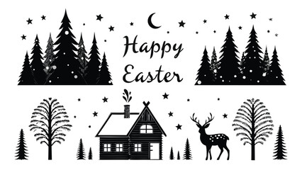 Whimsical black silhouette happy easter greeting card featuring a cozy cabin forest deer moon and stars
