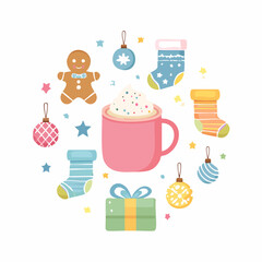 Christmas holiday icons. Pink mug with whipped cream. Gingerbread man. Colorful ornaments. Stocking and gift box. Vector illustration on white background.