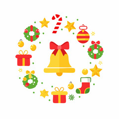 Christmas holiday icons. Bell, wreath, gift, candy cane, stocking. Vector illustration on white background. Christmas symbols and decorations. Holiday elements. Winter festive icons.