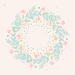 Floral wreath design. Pastel flowers and leaves. Colorful wreath pattern. Vector illustration on white background. Decorative border. Spring floral motif. Pink, blue, and yellow flowers.