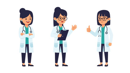 Flat vector collection of cute woman doctors in multiple poses with stethoscope, charts, and medical tools. Ideal for healthcare graphics, job icons, and profession sticker themes