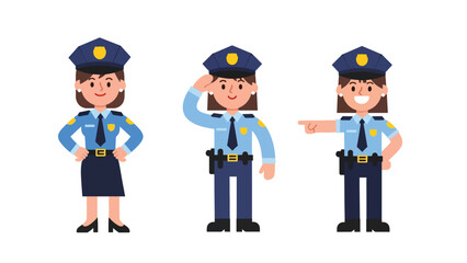 Flat vector collection of cute women police officers in action poses, directing traffic, writing tickets, and saluting. Ideal for law enforcement job themes