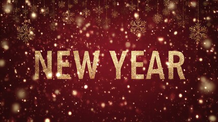 Golden glitter new year text on a festive red background with falling snow