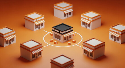 3d render of a franchise network with a central hub connected to multiple store locations on an orange background showcasing business expansion and supply chain management in a modern design
