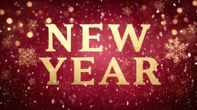 Festive golden new year text with sparkling snowflakes and bokeh on red background