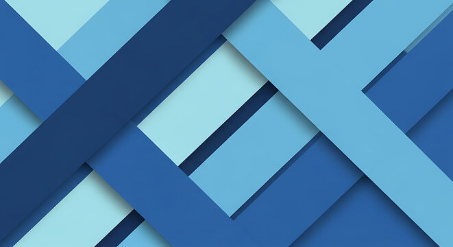Modern 3D material design background featuring crisscross stripes and intersecting blue geometric shapes.