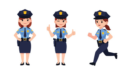 Flat vector collection of cute women police officers in action poses, directing traffic, writing tickets, and saluting. Ideal for law enforcement job themes