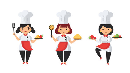 Flat vector set of adorable women chefs cooking, stirring, plating food, and baking. Great for culinary job icons, food branding, and cooking-themed stickers