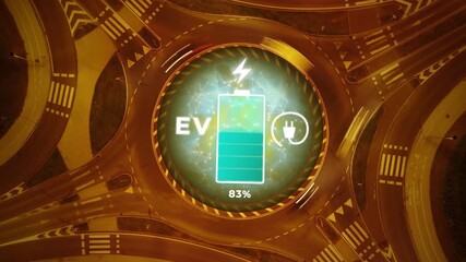 Aerial hyperlapse of a busy traffic crossroads with battery animation representing modern electric car transportation and charging station - Powered by Adobe