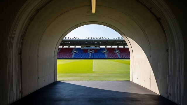 View of a soccer stadium field and seating through a dark tunnel
