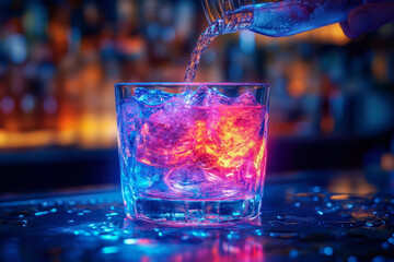 A bartender pours clear liquid over ice in a glass, creating colorful reflections in a lively bar during the evening
