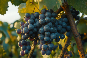 Fototapeta premium Clusters of dark grapes dangle from green vines in a vineyard, illuminated by warm evening sunlight